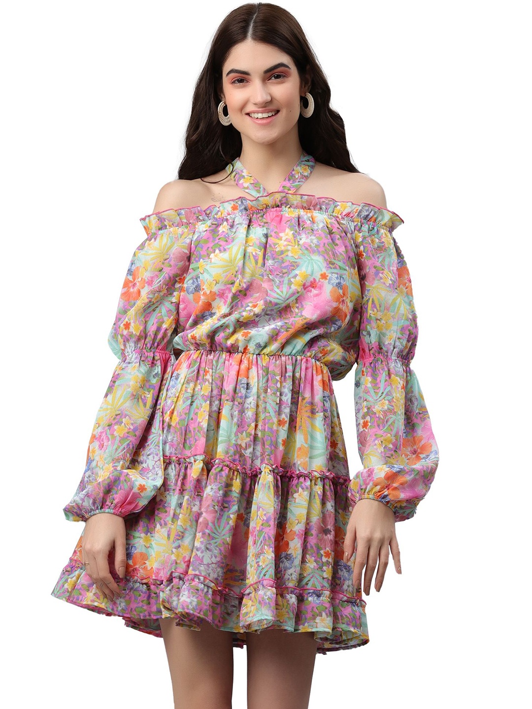 

all about you Floral Print Off-Shoulder Puff Sleeve Chiffon A-Line Mini Dress, Multi