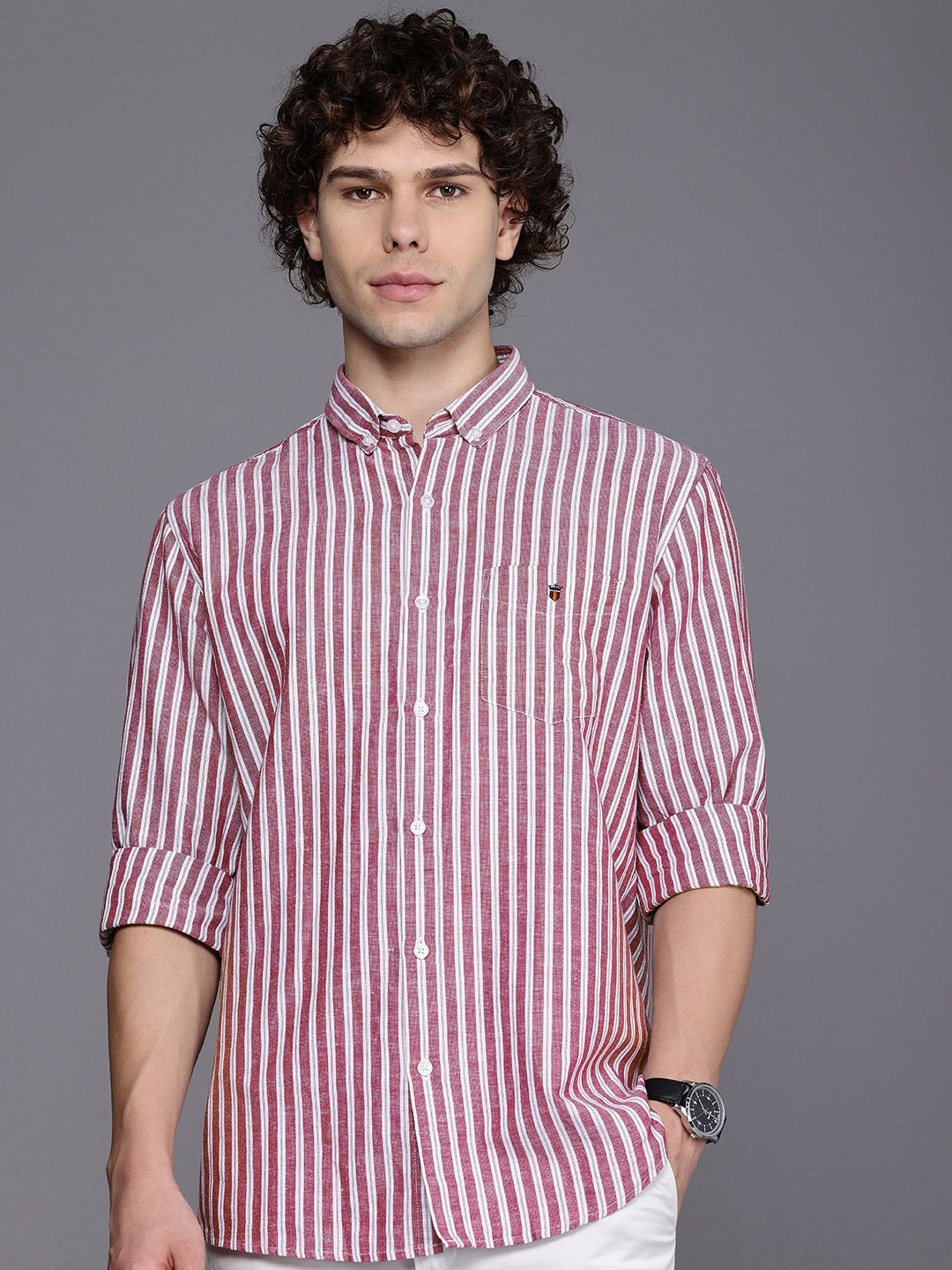 

Louis Philippe Sport Slim Fit Striped Button-Down Collar Casual Shirt, Maroon