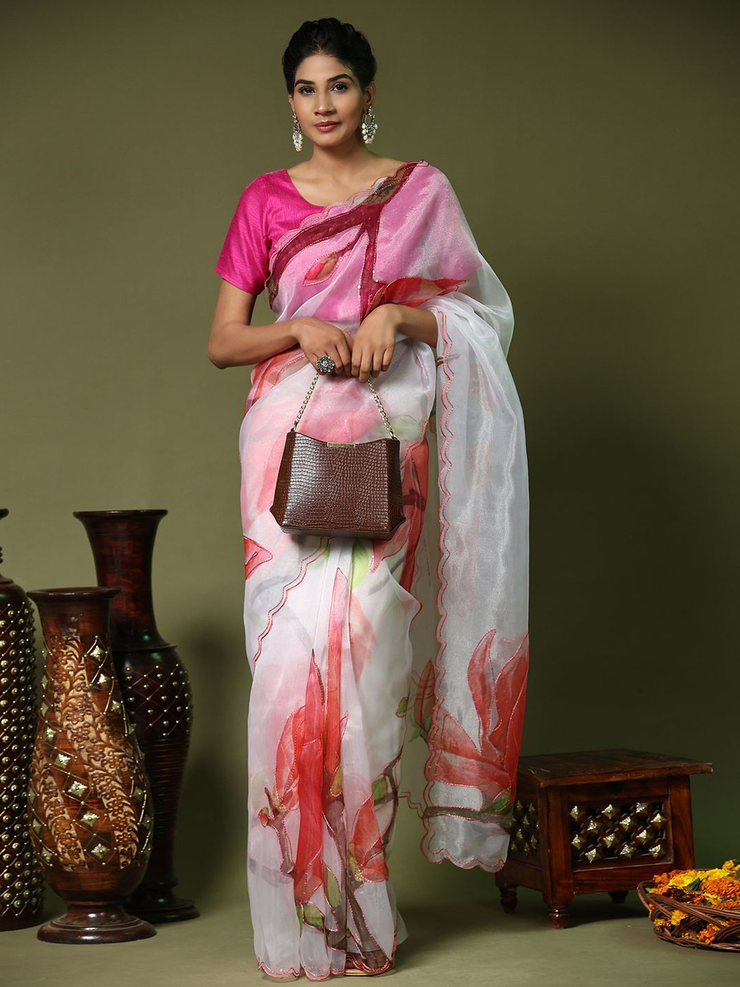 

Anouk Floral Printed Sequinned Organza Saree, White