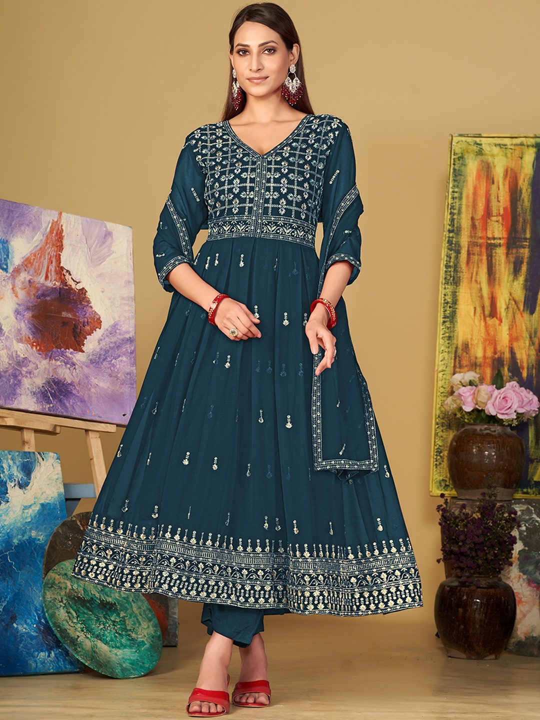 

Warthy Ent Embroidered Semi-Stitched Dress Material, Green