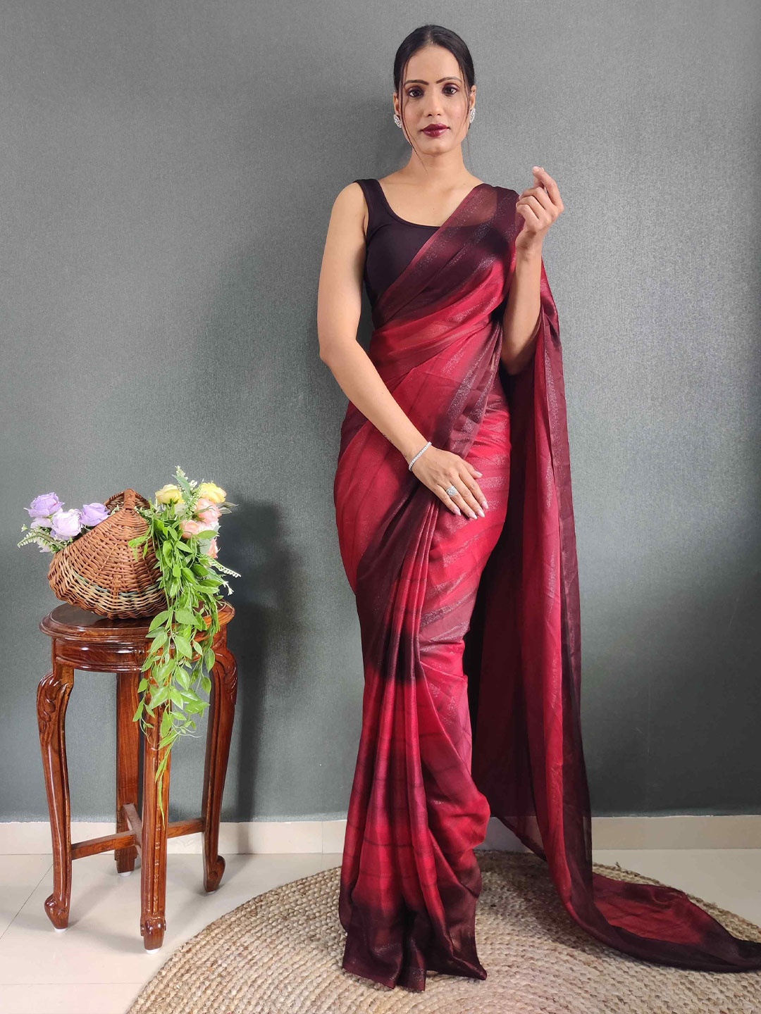 

HERE&NOW Striped Poly Georgette Ready to Wear Saree, Red