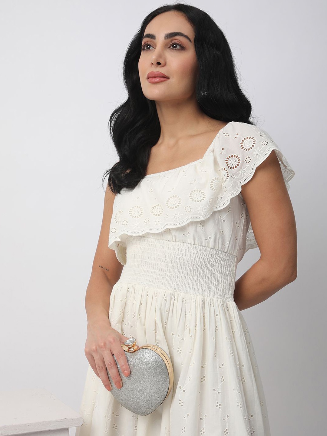 

R&B Women Cotton Self Design A-Line Dress, White