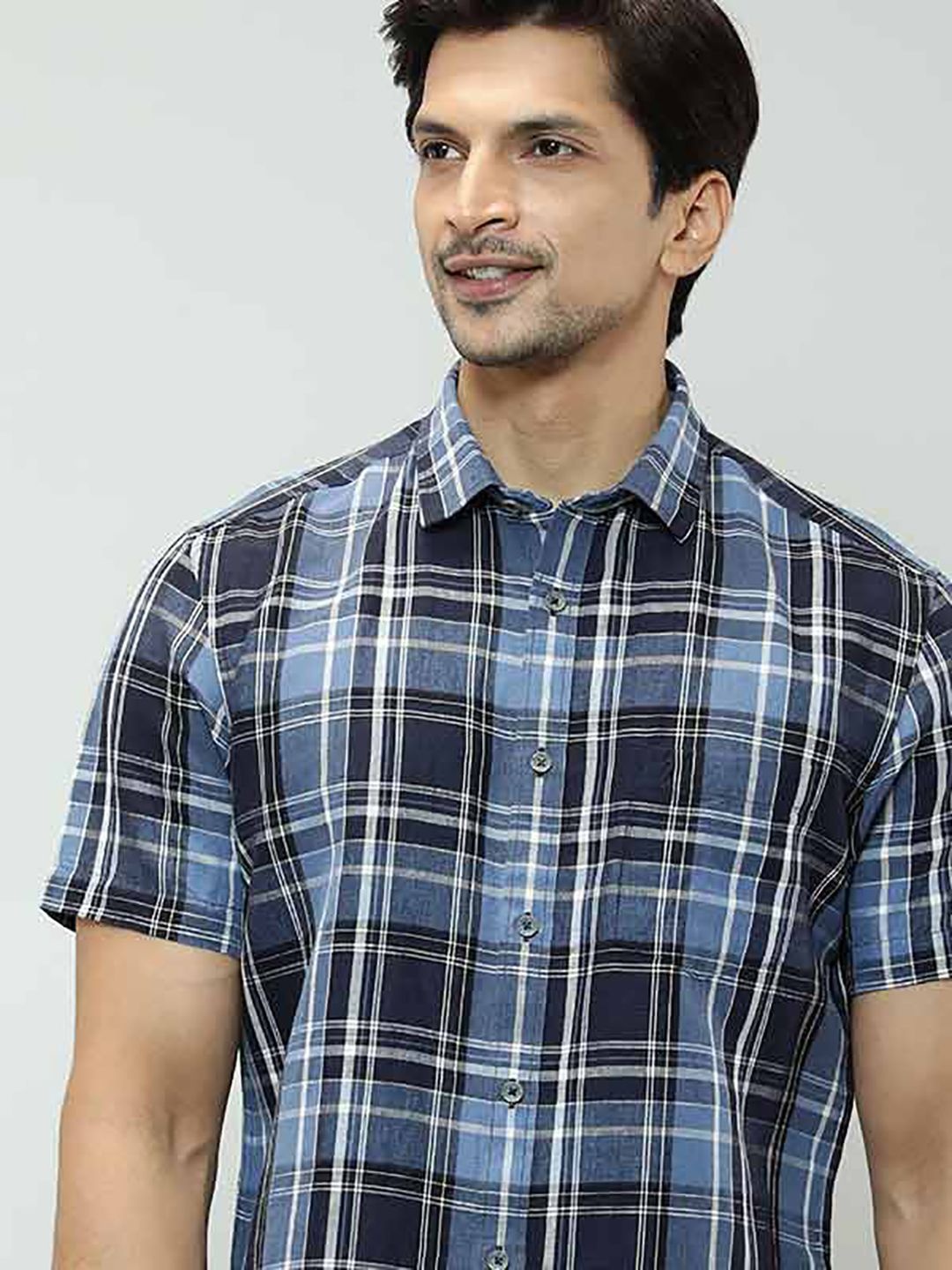 

Indian Terrain Tartan Checked Linen Cotton Casual Shirt, Black