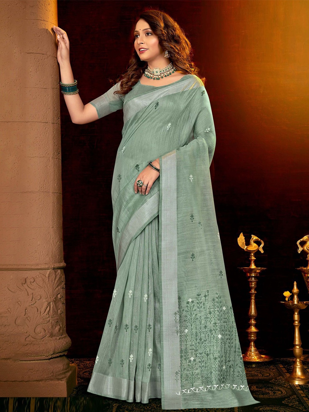 

MAHALASA Ethnic Motifs Embroidered Chanderi Saree, Sea green