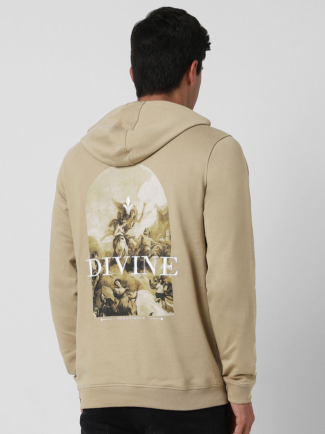 

V Dot Men Printed Hooded Sweatshirt, Beige