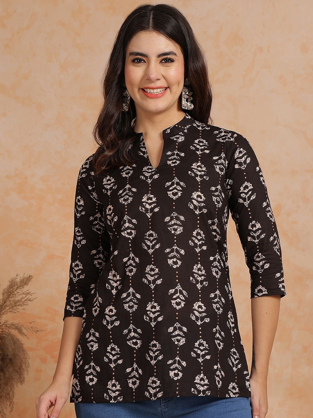 

antaran Women Floral Printed Mandarin Collar Cotton Top, Brown