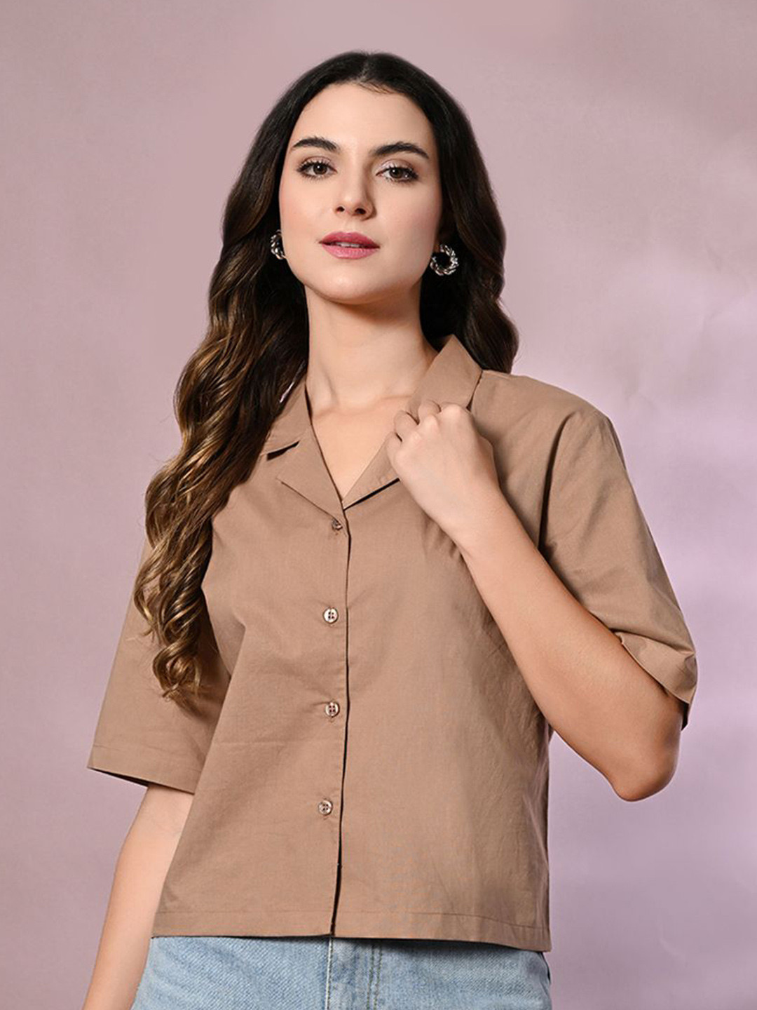 

all about you Women Cotton Lapel Collar Shirt Style Top, Brown