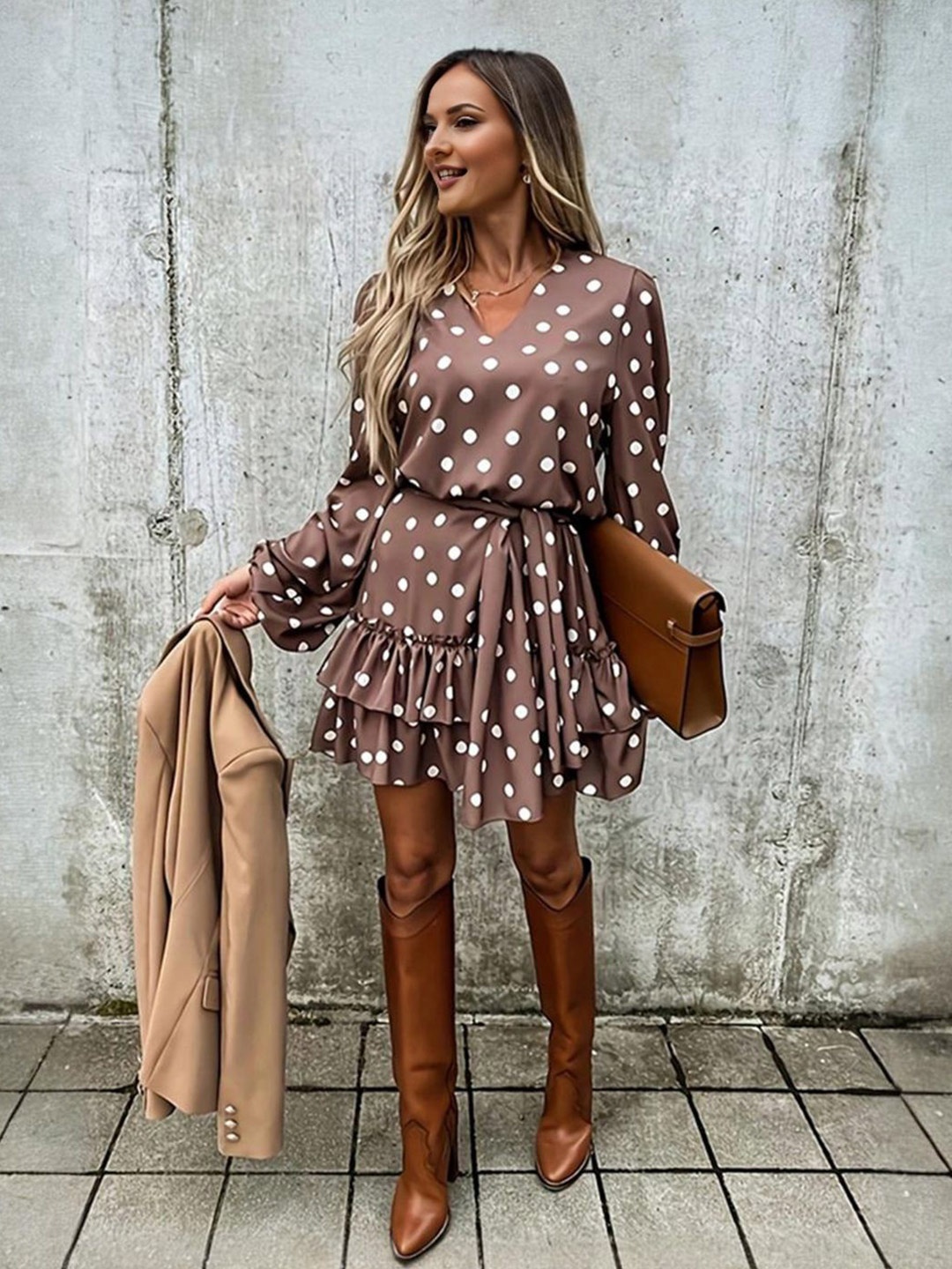 

StyleCast Polka Dot Print Puff Sleeve A-Line Dress, Maroon