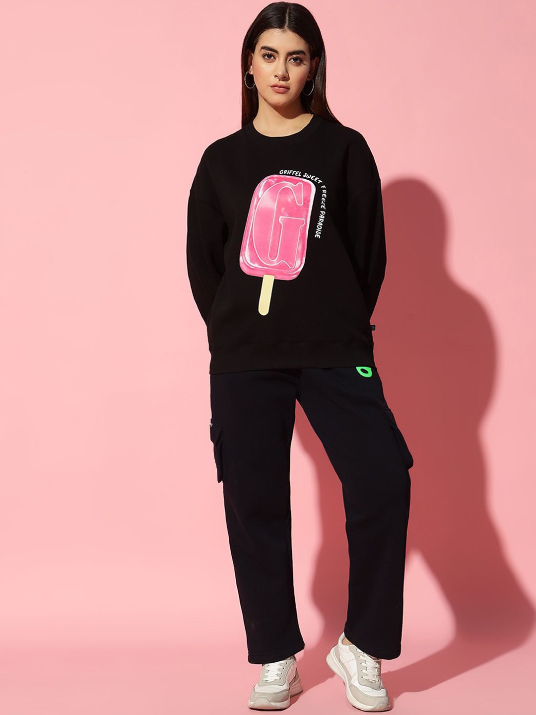 

GRIFFEL Women Printed Pure Cotton Sweatshirt With Trousers Co-Ords, Black