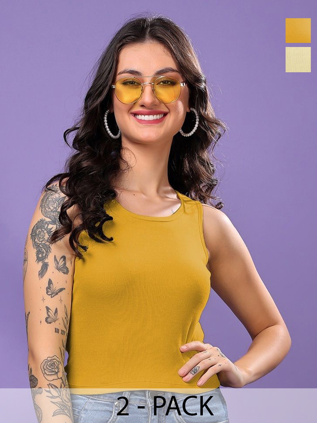 

FBAR Women Pack of 2 Cotton Ribbed Tank Crop Top, Yellow