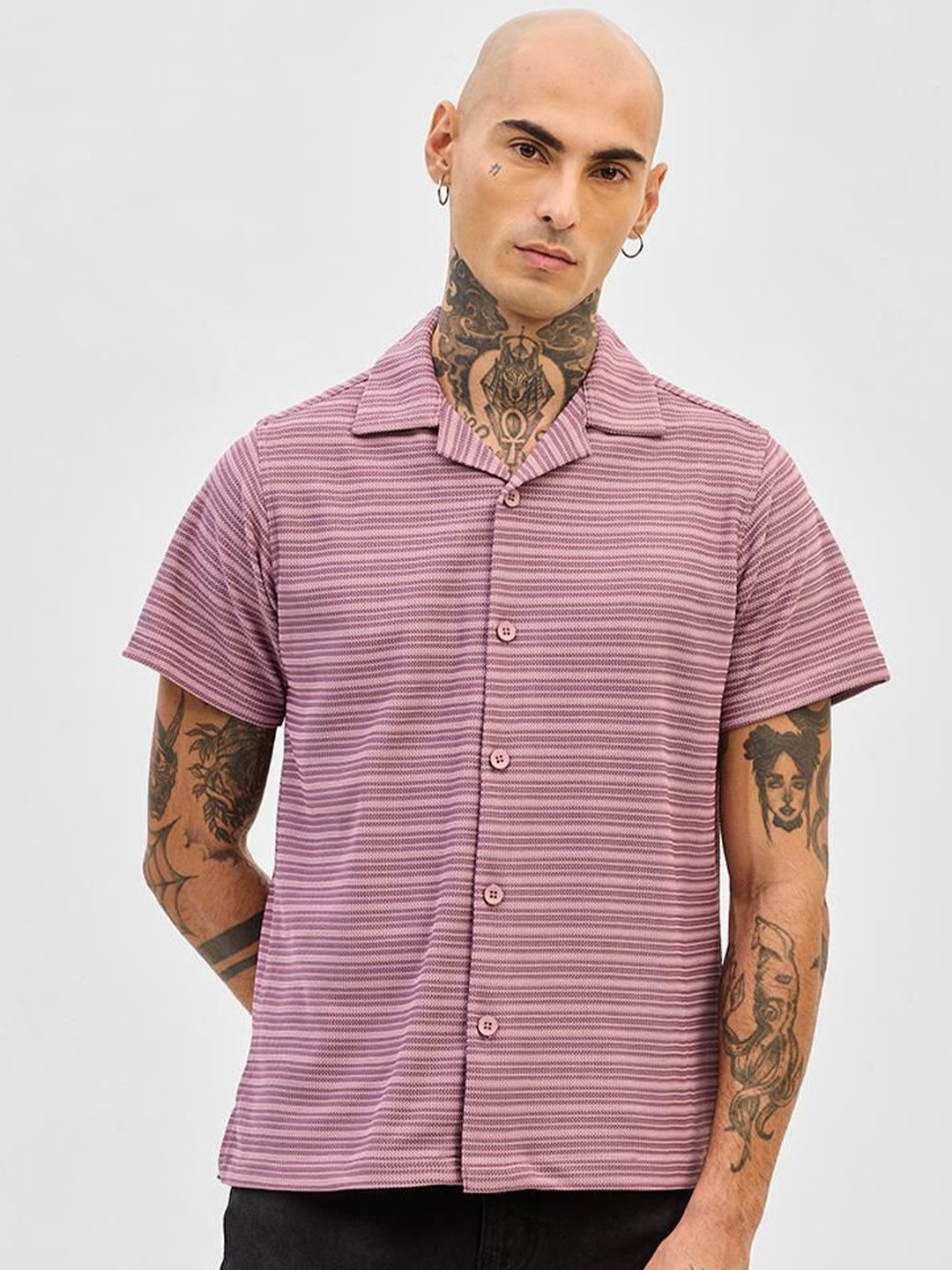 

Snitch Men Relaxed Boxy Horizontal Stripes Opaque Striped Casual Shirt, Pink