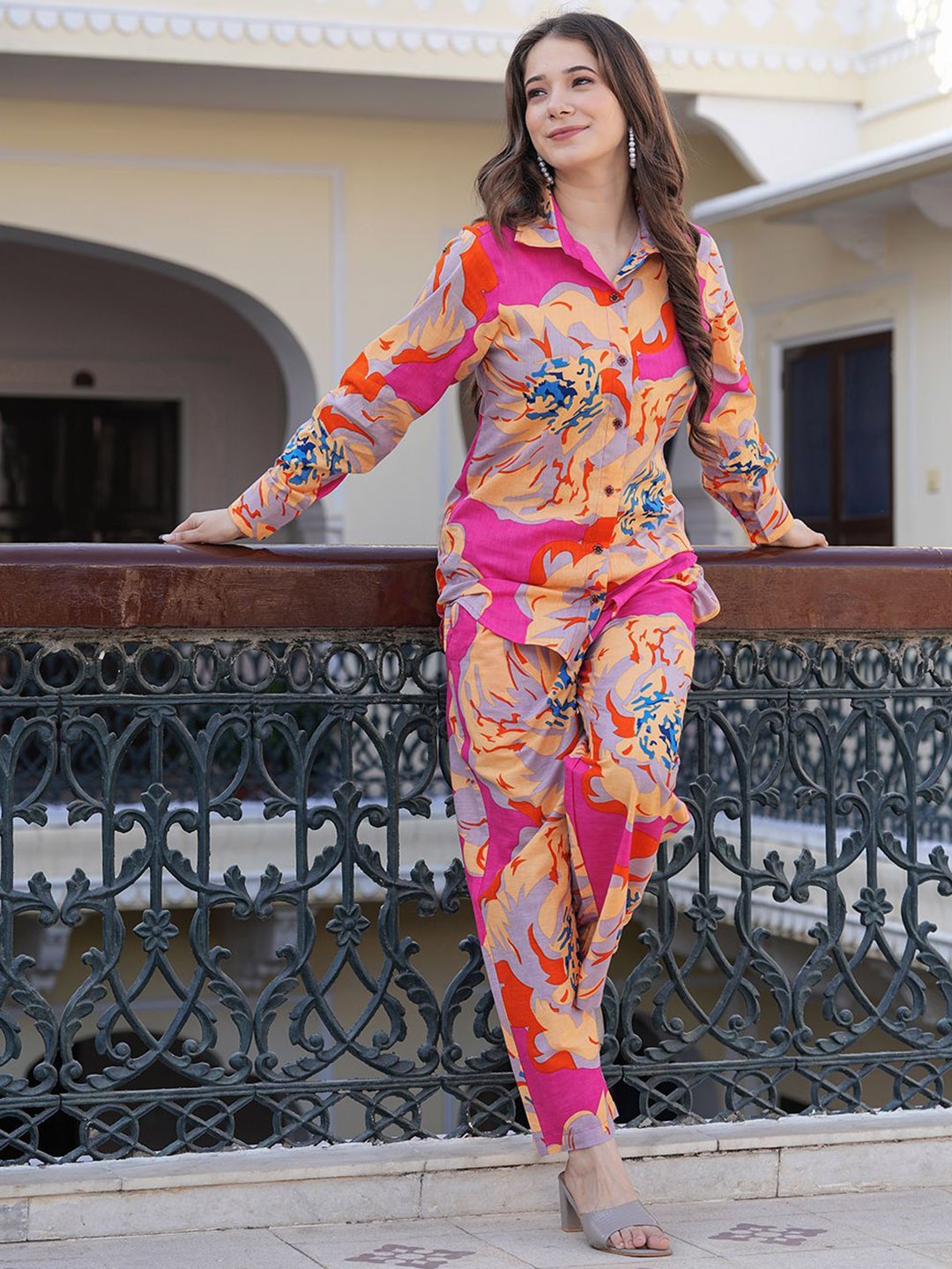 

ERISHA Printed Pure Cotton Shirt With Trousers Co-Ords, Pink