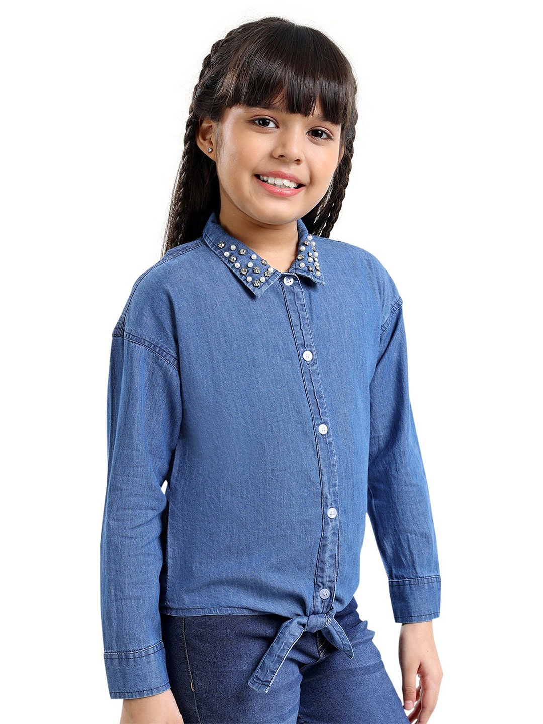 

ARIAS By LARA DUTTA Girls Embellished Shirt Collar Cuffed Sleeves Denim Shirt Style Top, Blue