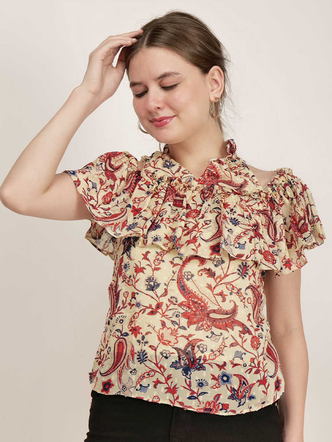 

AUDRAPE Women Floral Flared Sleeve Top, Maroon