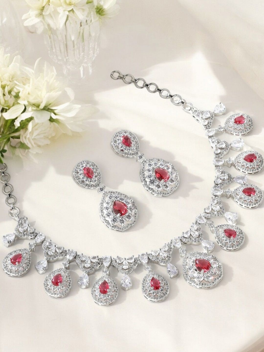 

fabula Silver-Plated AD-Studded Jewellery Set