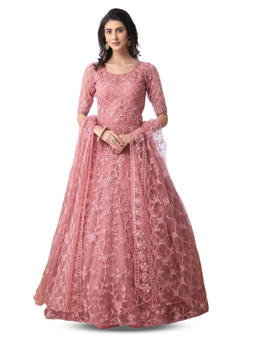 

JULEE Embroidered Net Fit & Flare Maxi Dress, Peach