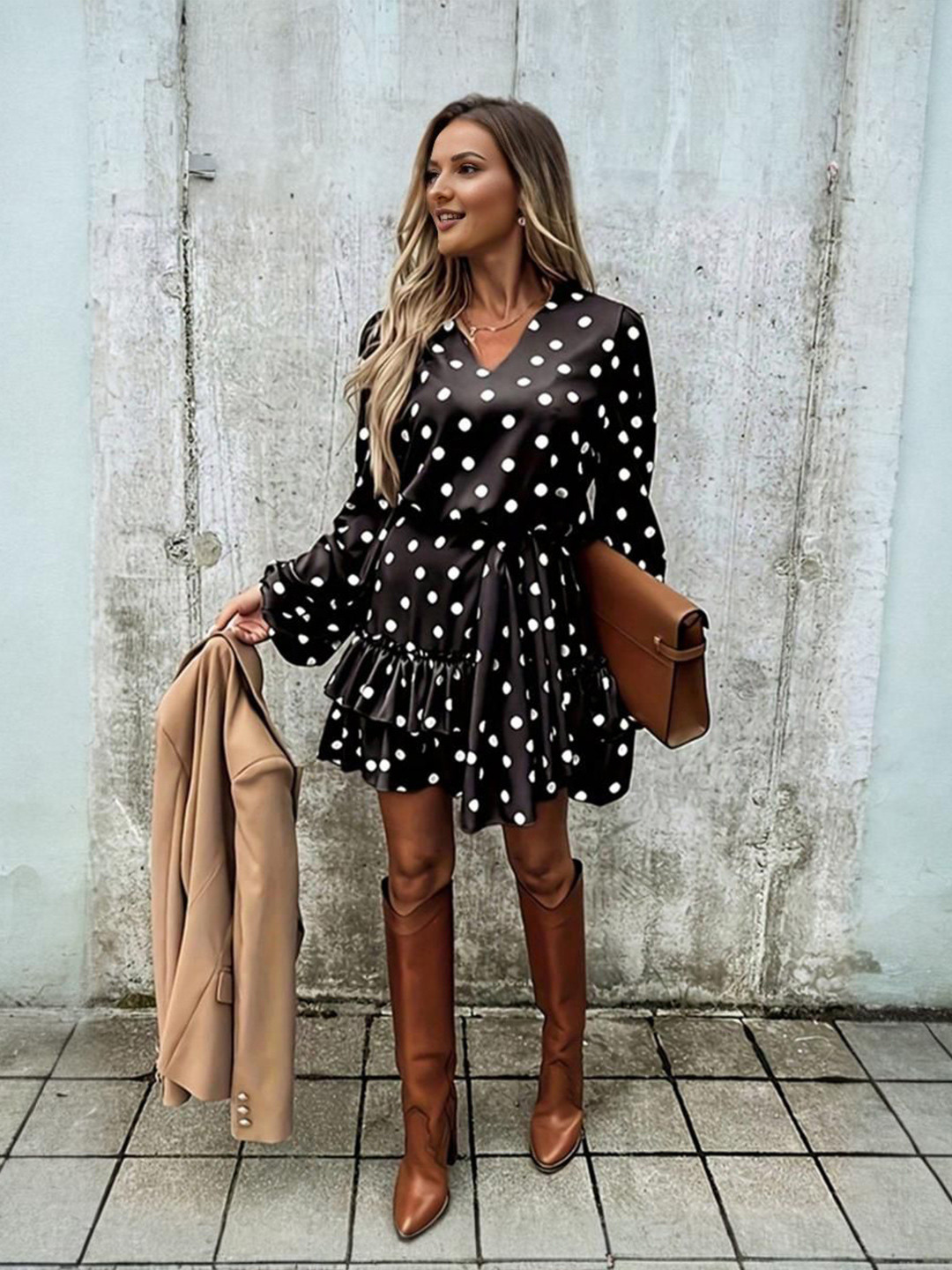 

StyleCast Polka Dot Print Puff Sleeve A-Line Dress, Black