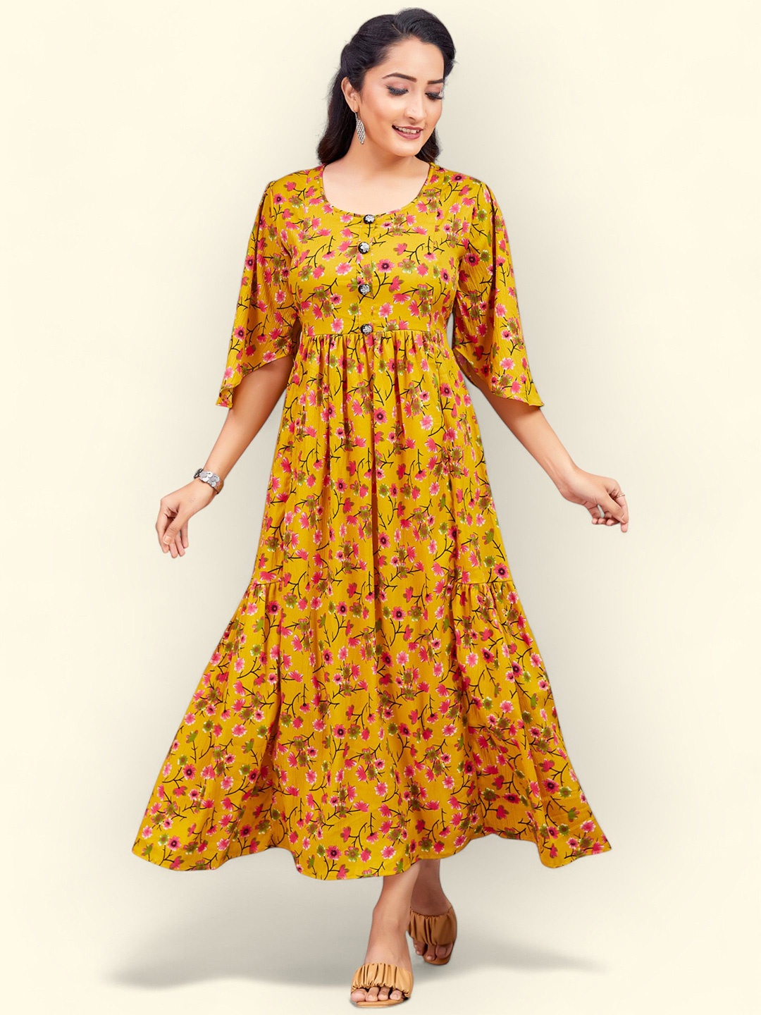 

PAMPER YOURSELF Floral Print Georgette Fit & Flare Maxi Dress, Mustard
