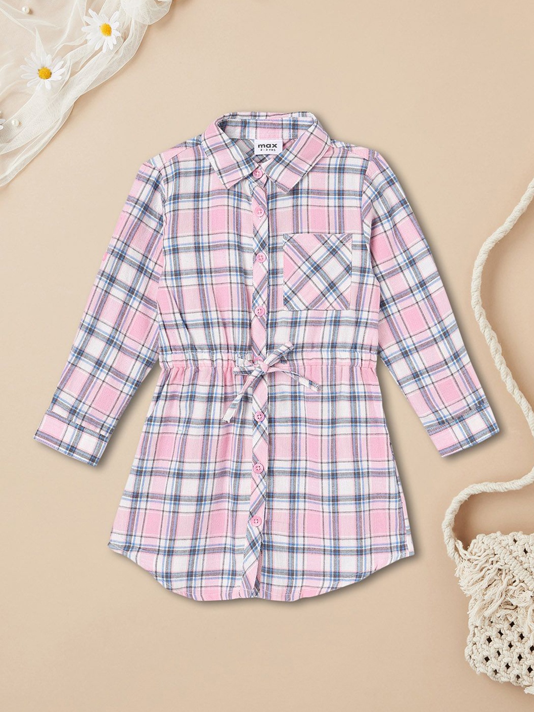 

max Girls Cotton Checked Shirt Dress, Pink