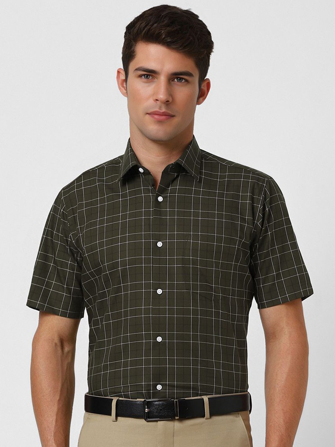 

Van Heusen Men Opaque Checked Formal Shirt, Olive