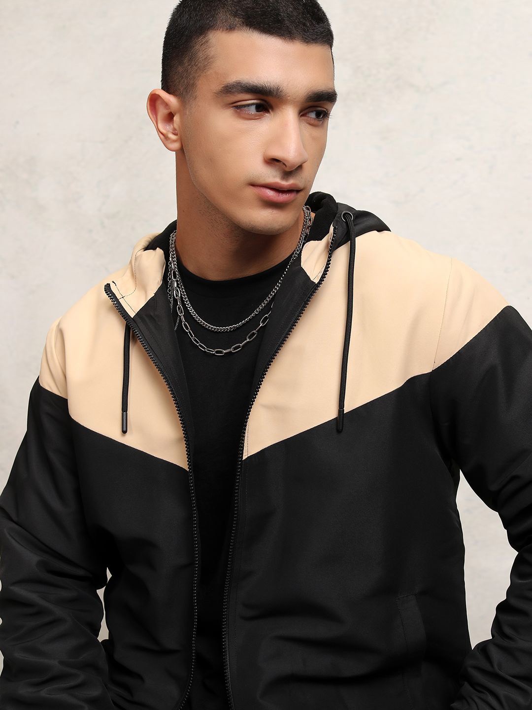 

KETCH Men Colourblocked Crop Hooded Parka Jacket, Beige