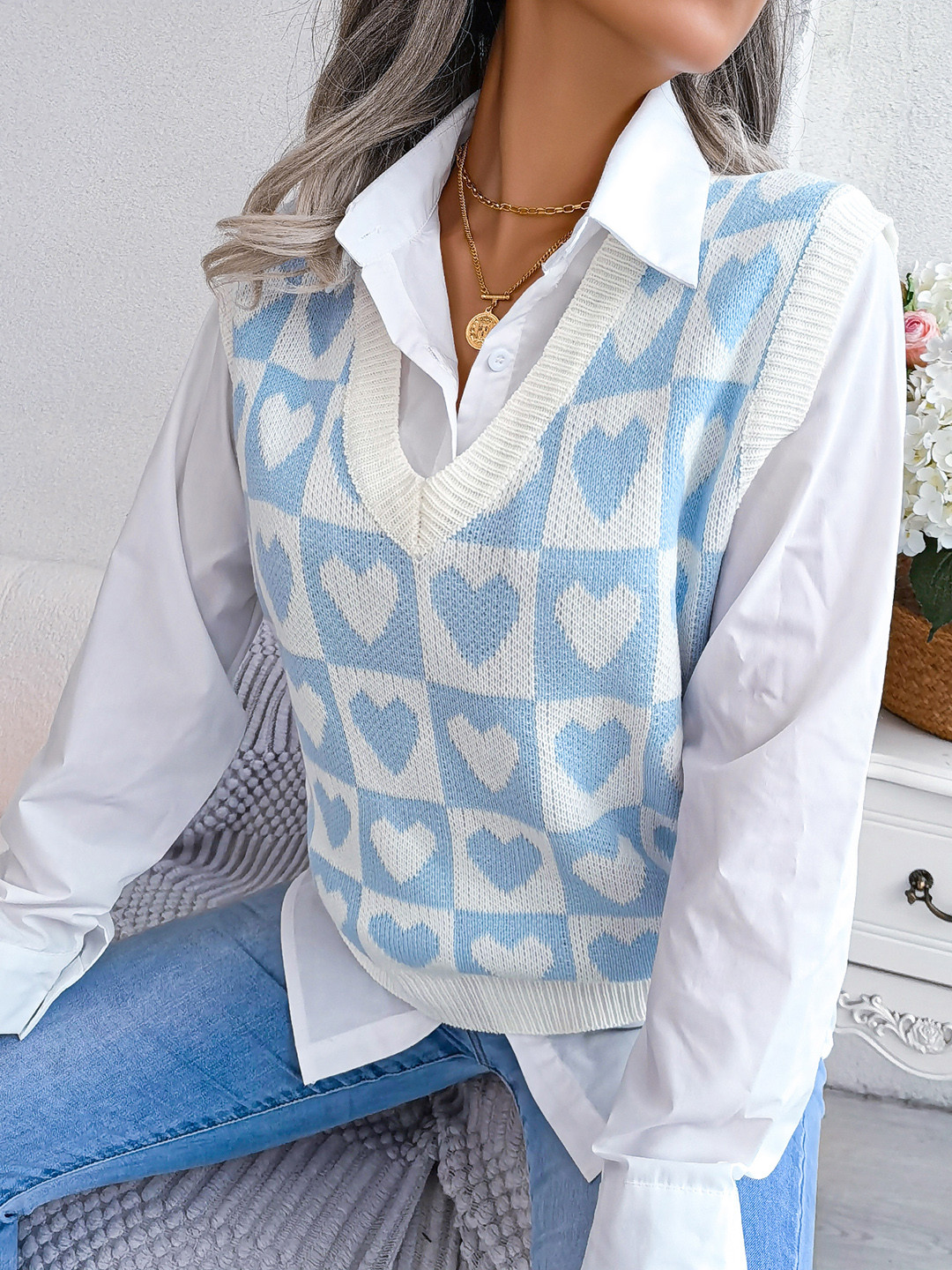 

HERE&NOW Women Printed Sweater Vest, Blue