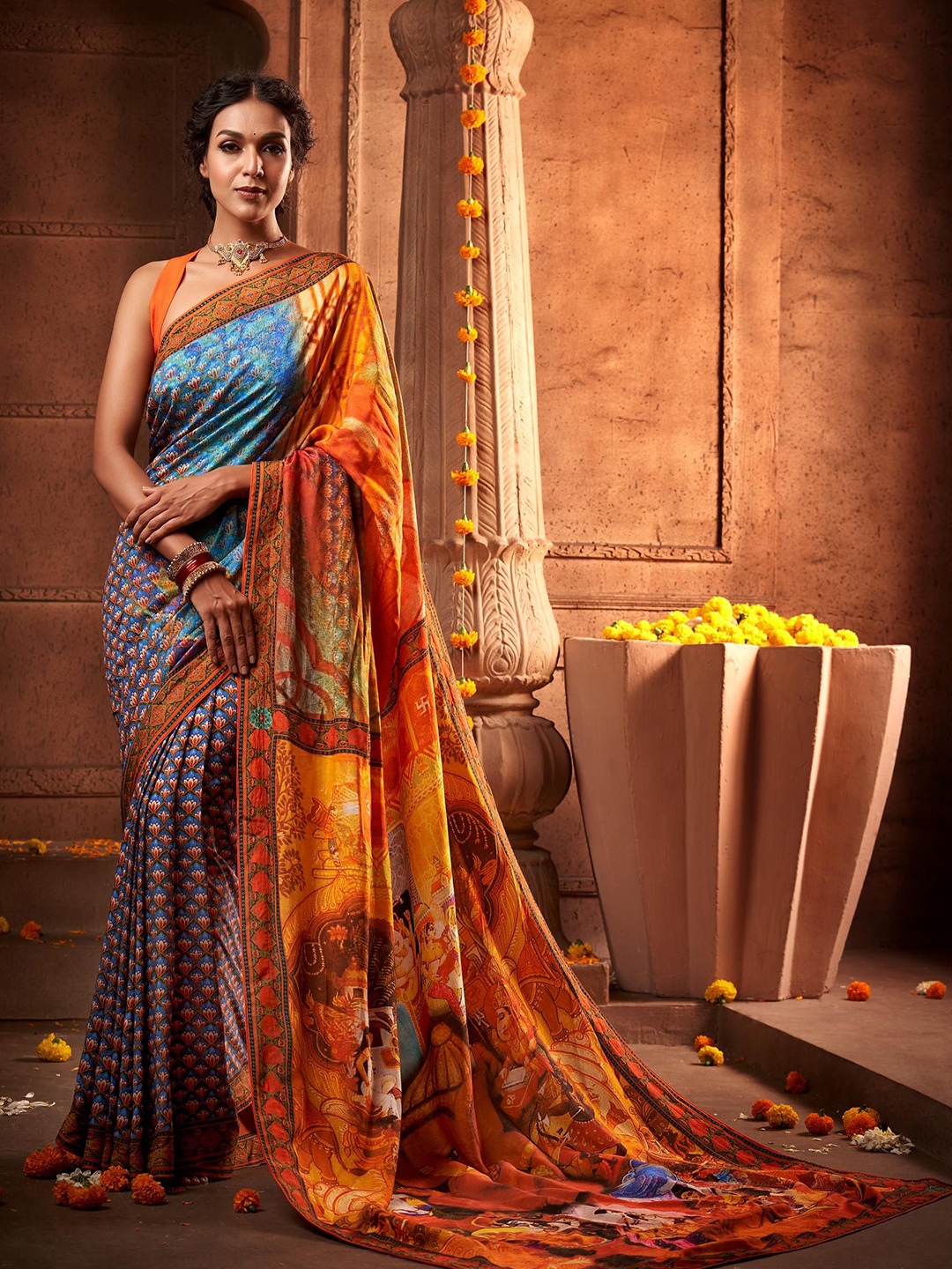 

House of Deepthi Ethnic Motifs Printed Saree, Blue