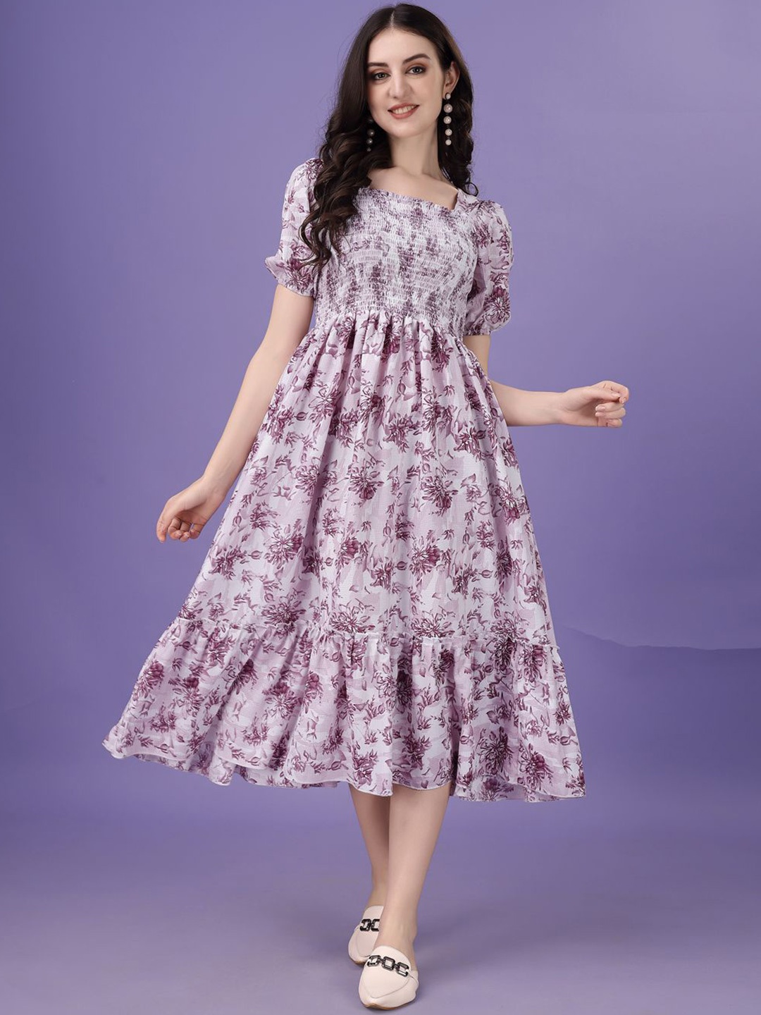 

STARWORD Floral Printed Smocked Fit & Flare Midi Dress, Purple