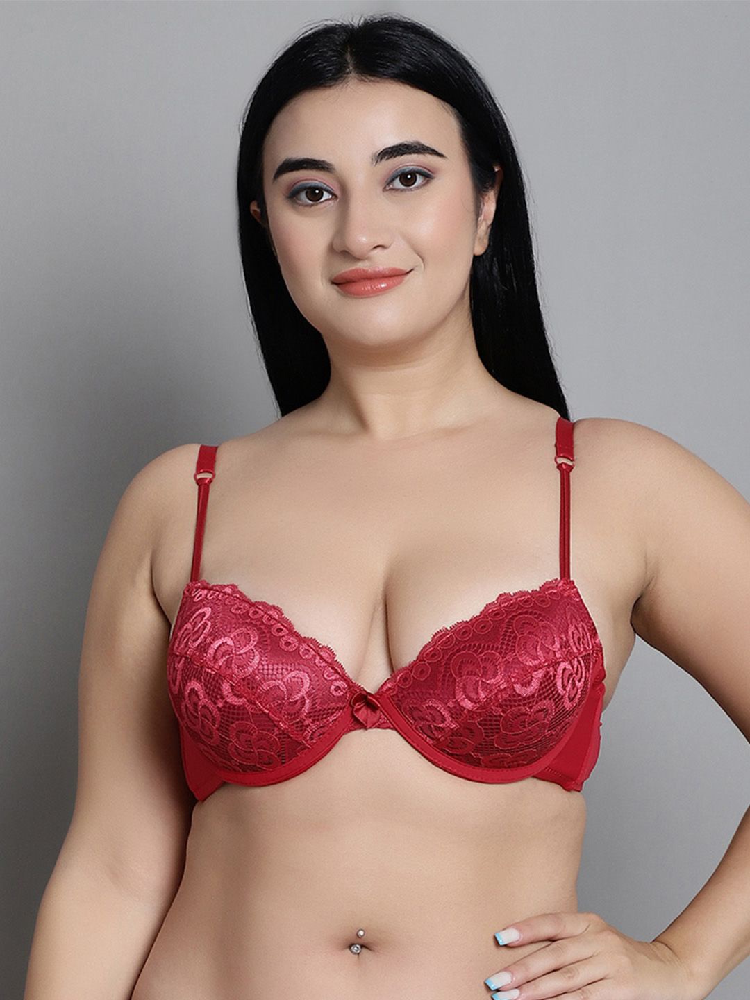 

MAKCLAN Floral Medium Coverage Underwired Lightly Padded Plunge Bra, Red