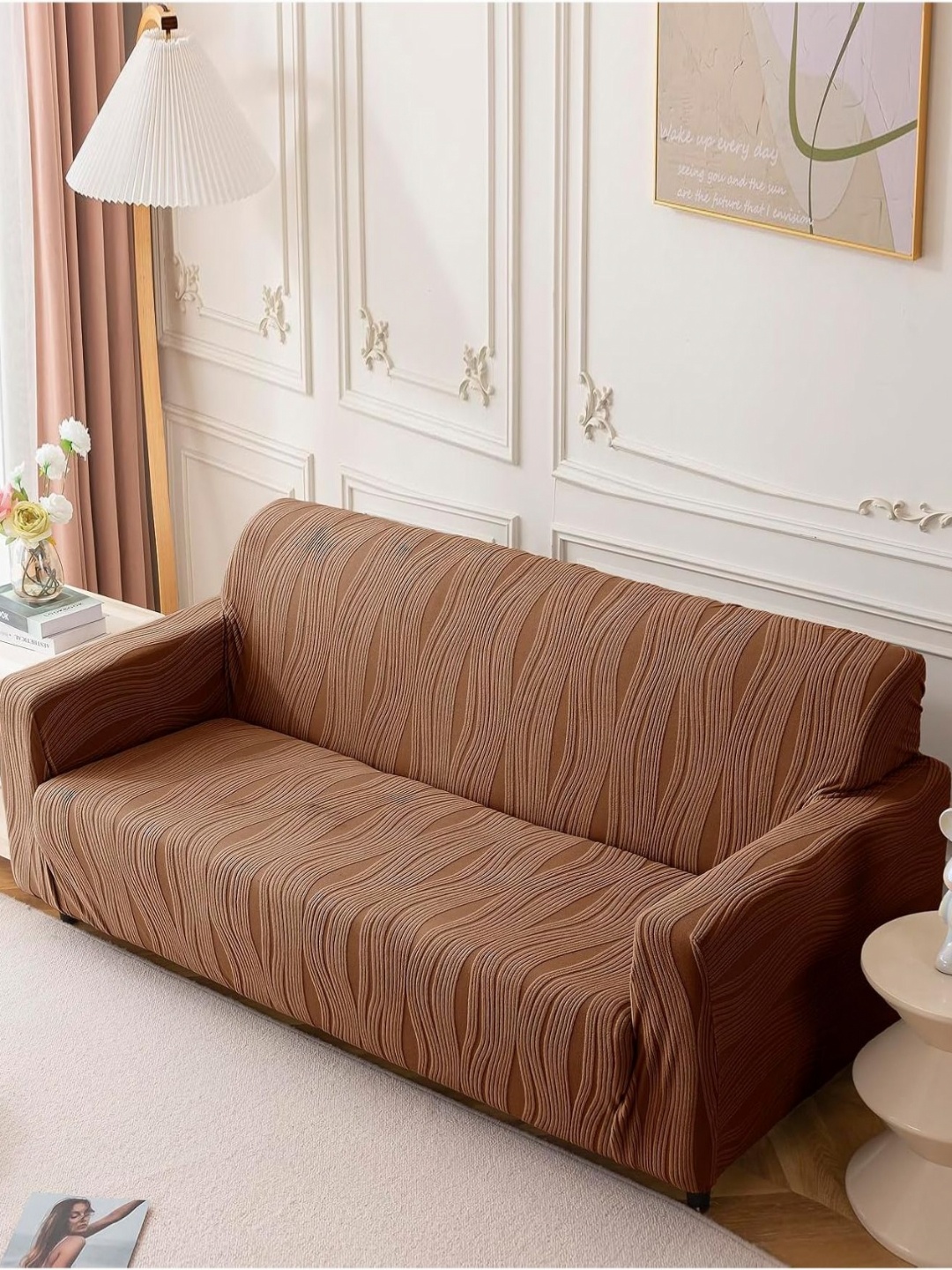 

House Of Quirk Four Seater Jacquard Waterproof Crizzle Pattern Fabric Sofa Cover, Camel brown