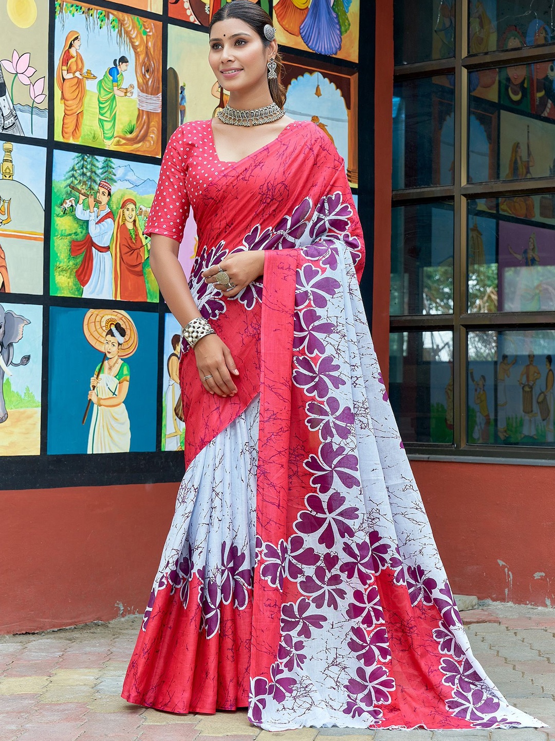 

HERE&NOW Floral Printed Pure Cotton Bhagalpuri Saree, White