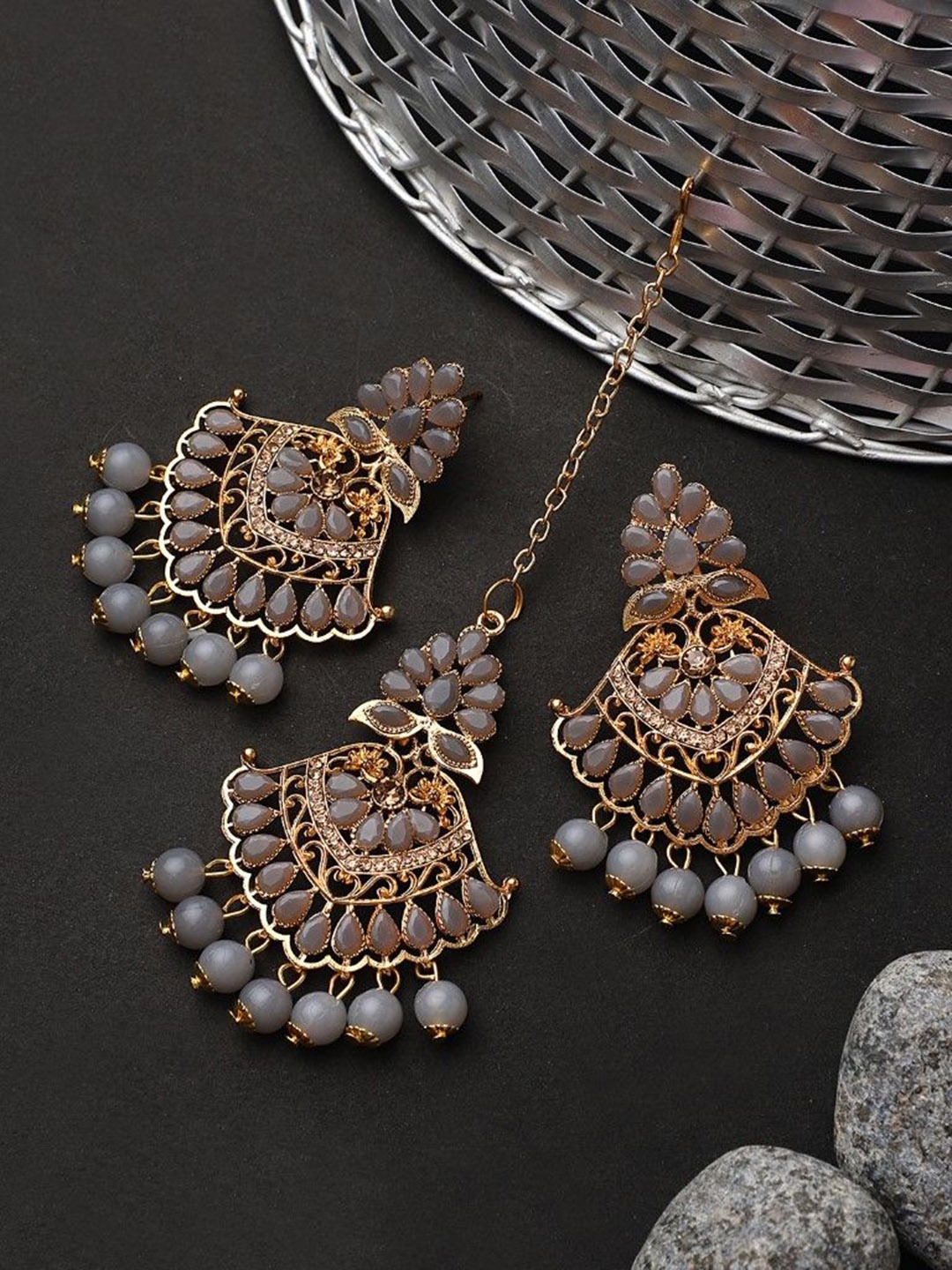 

Cardinal Brass Stone Stud Maang Tika with Earrings, Grey