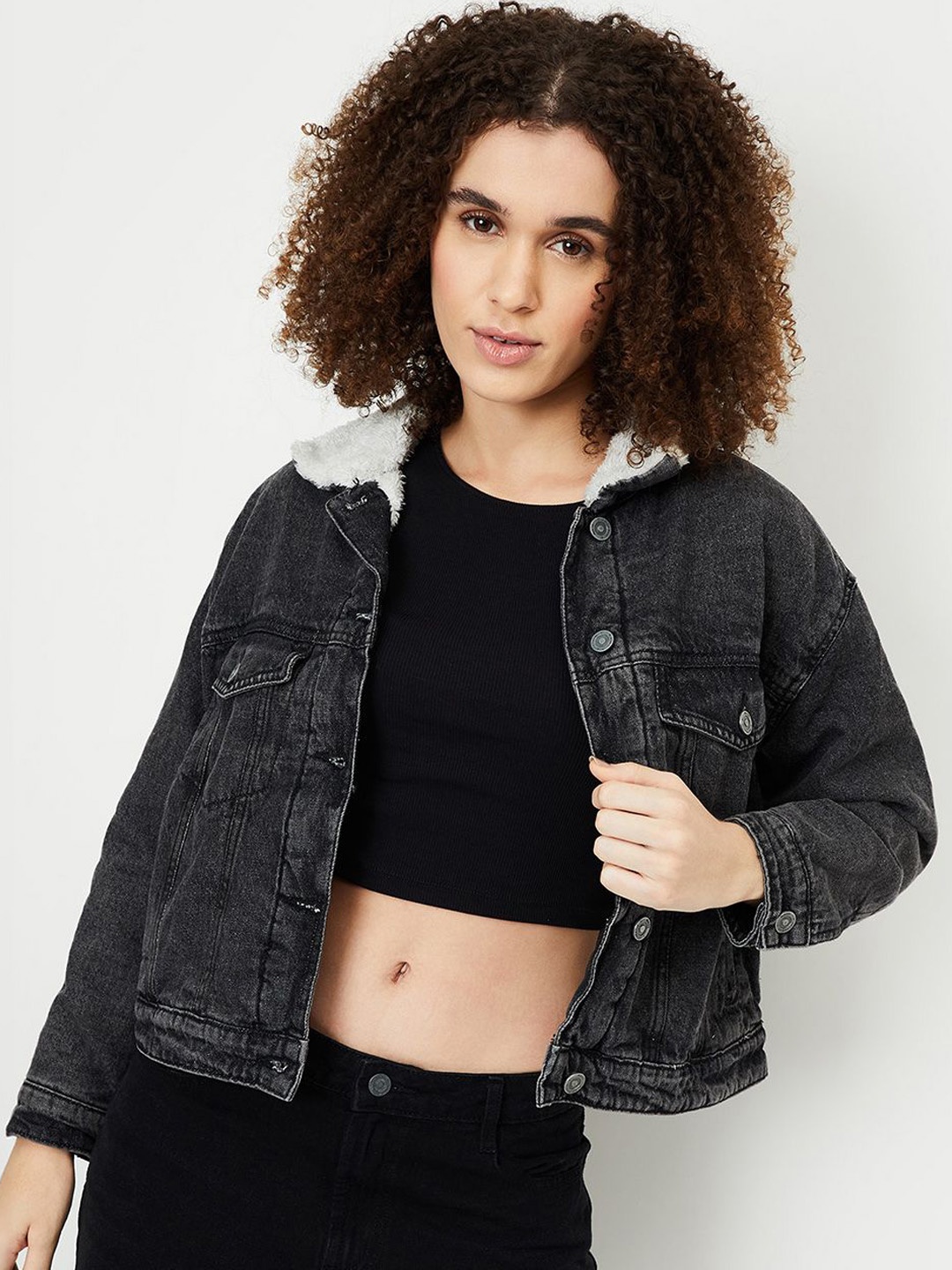 

max Women Geometric Checked Polyester Longline Denim Jacket, Grey