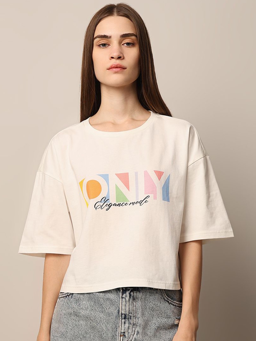 

ONLY Women Brand Logo Printed Drop-Shoulder Sleeves Boxy T-shirt, White