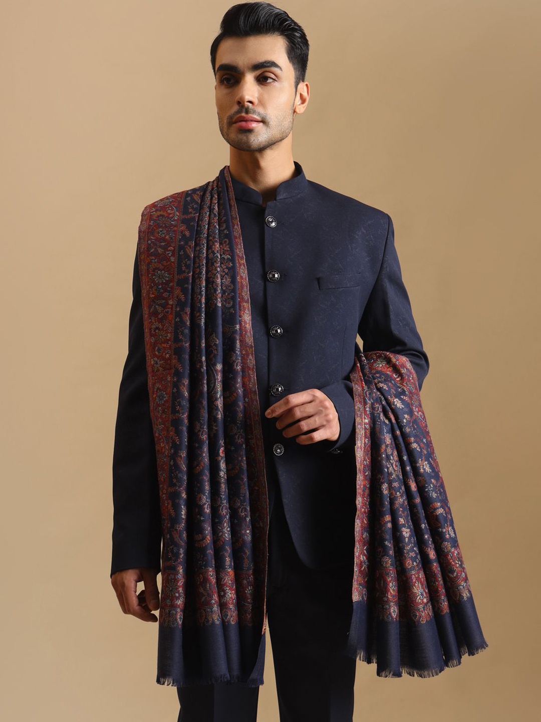 

Zamour Men Ethnic Motifs Woven Design Shawl, Navy blue