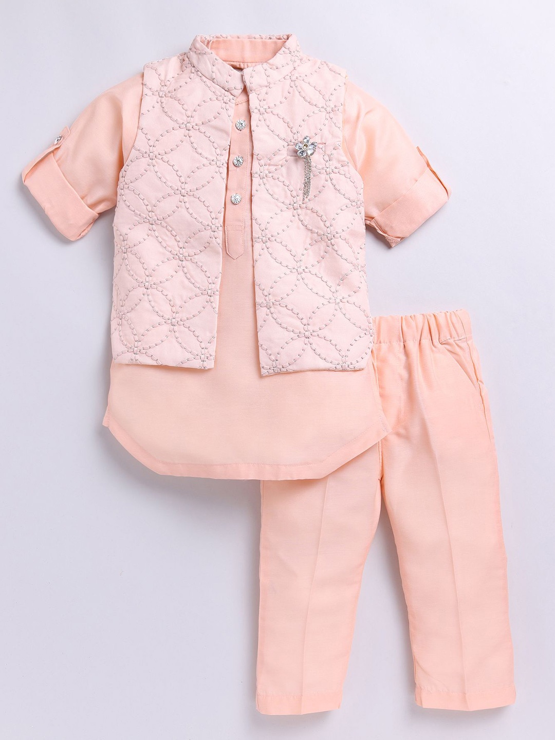 

LITTLE COLLARS Boys Regular Pure Silk Kurta With Pyjamas & Jacket, Peach