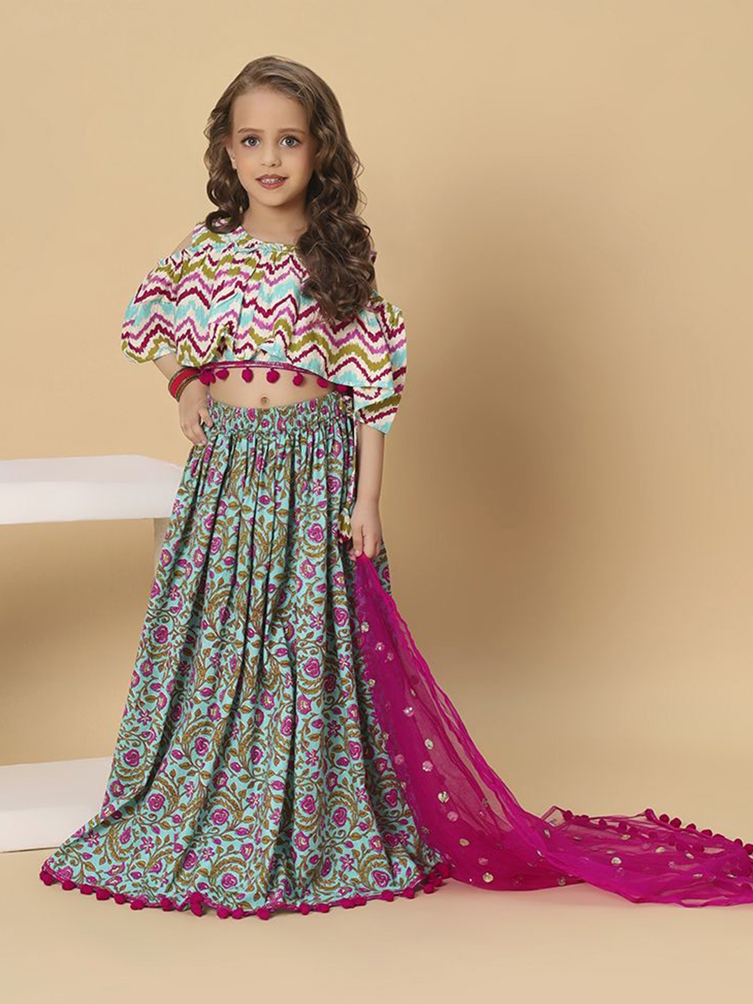 

CORD OF LOVE Girls Printed Ready to Wear Lehenga & Blouse With Dupatta, Turquoise blue