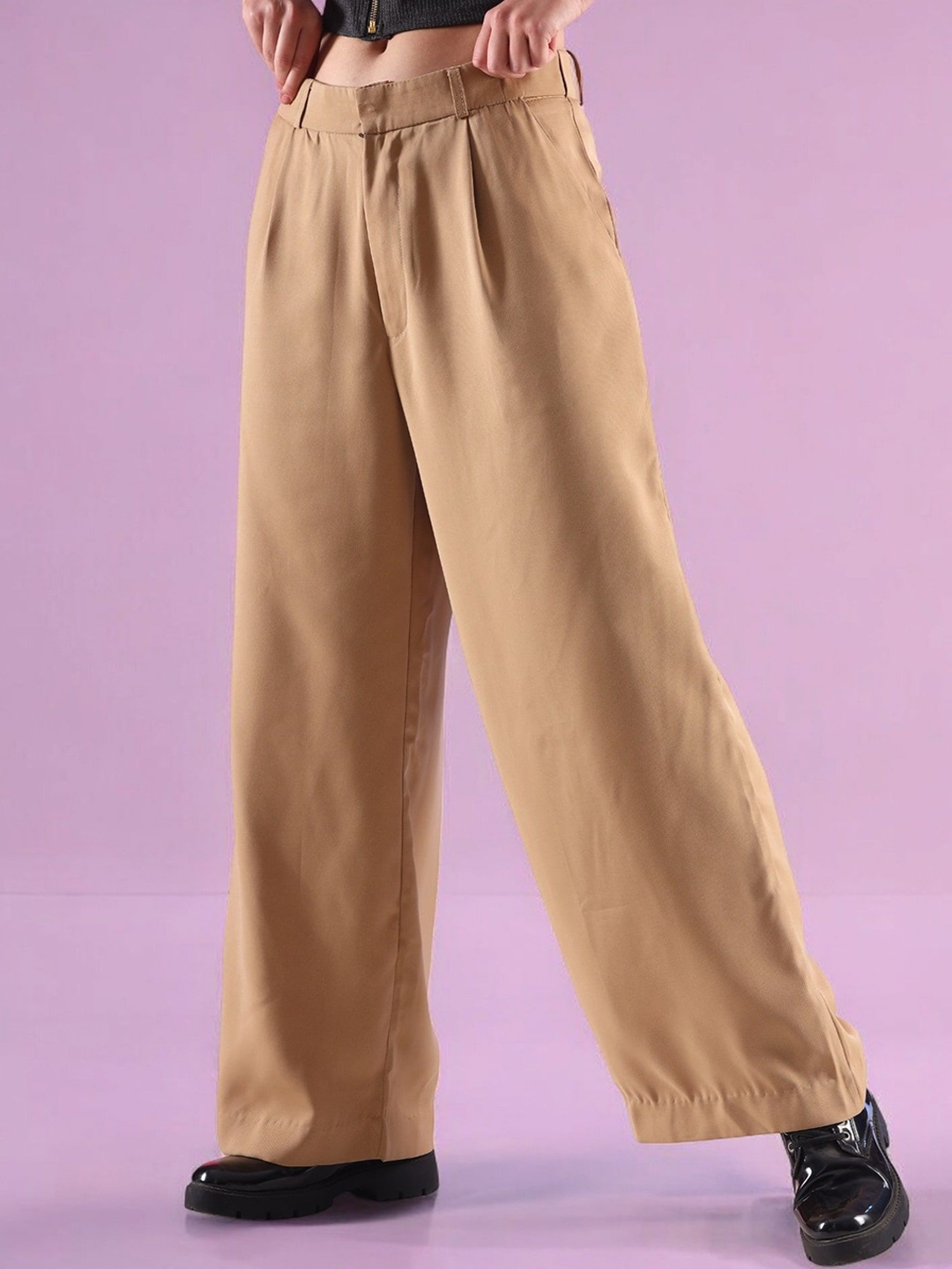 

all about you Women Straight Fit High-Rise Pleated Trousers, Beige