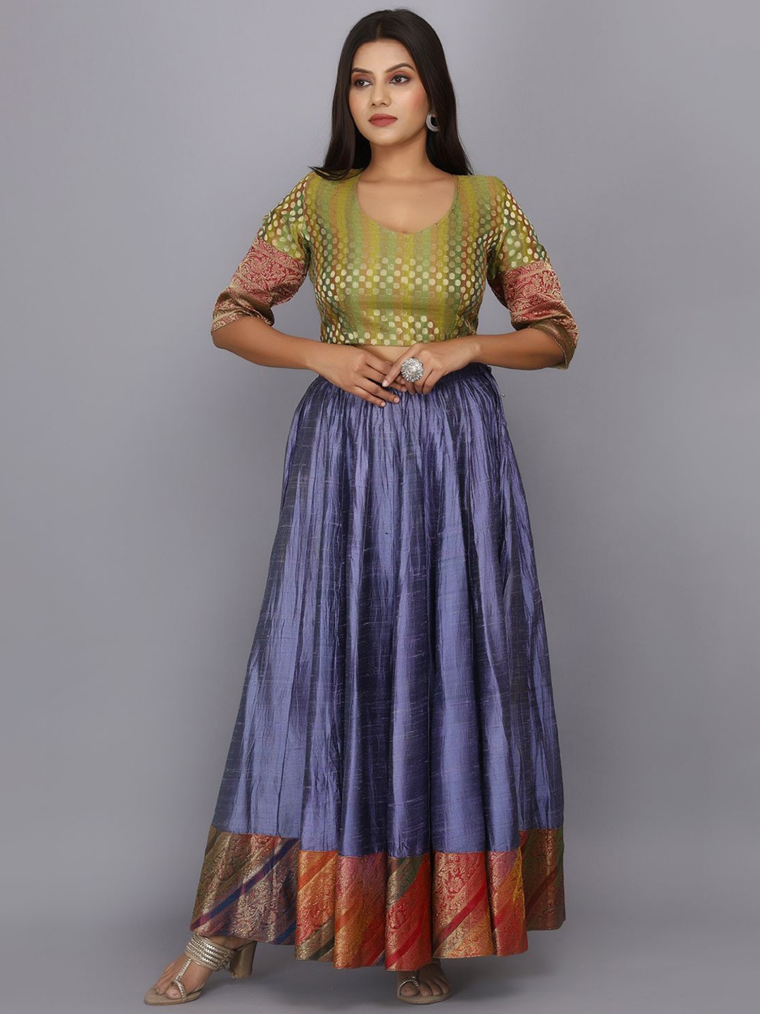 

Geroo Jaipur Woven Design Pure Raw Silk Skirt With Blouse, Green