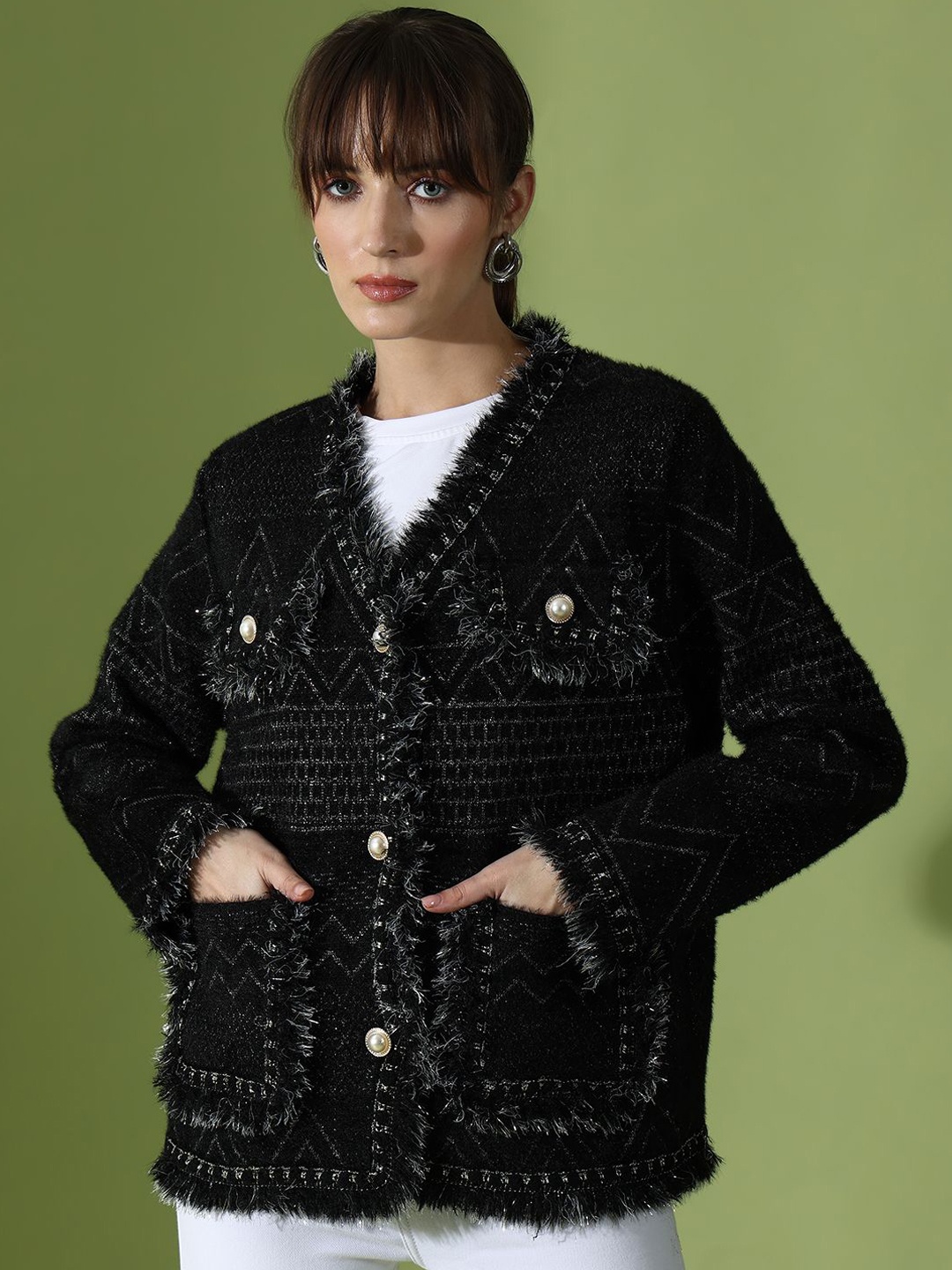 

The Roadster Lifestyle Co Self Design Long Sleeve Woolen Overcoat, Black