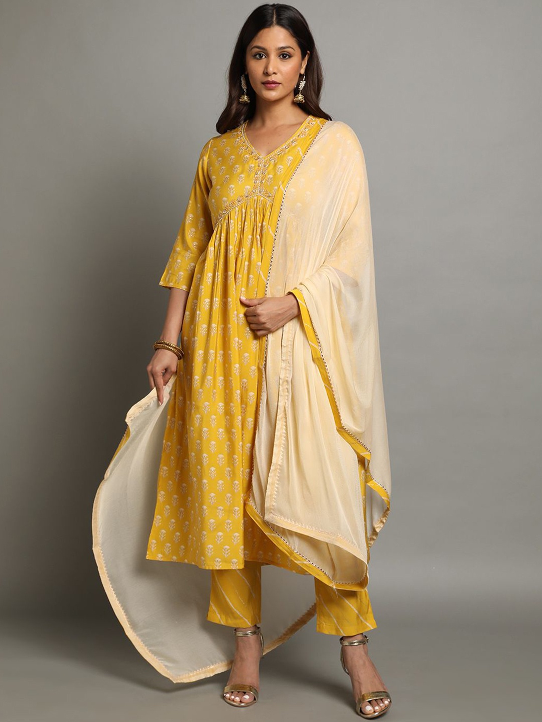 

HERE&NOW Women Ethnic Motifs Embroidered Empire Kurta with Pyjamas & With Dupatta, Yellow