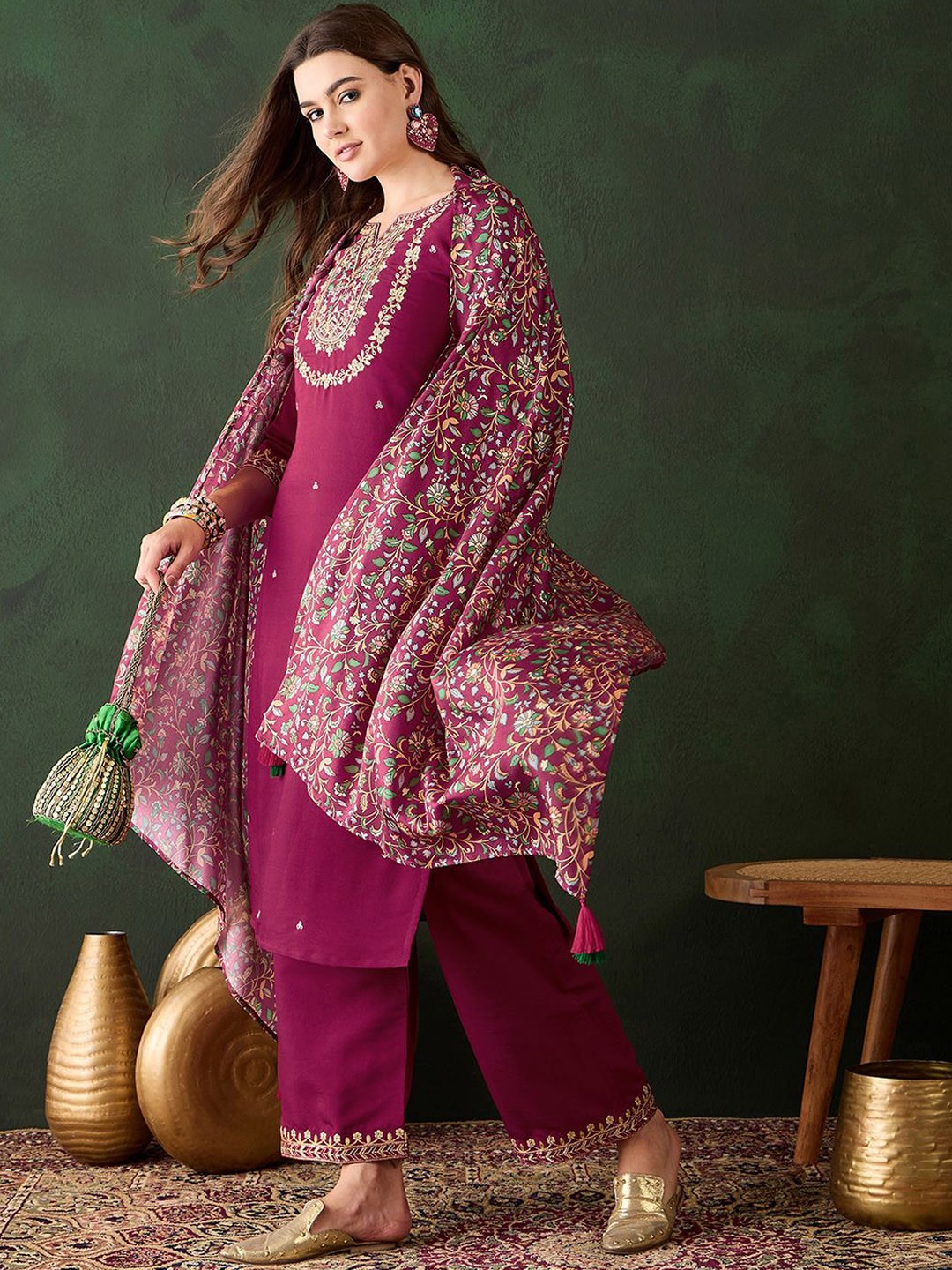 

Sangria Embroidered Kurta & Trouser With Dupatta, Burgundy