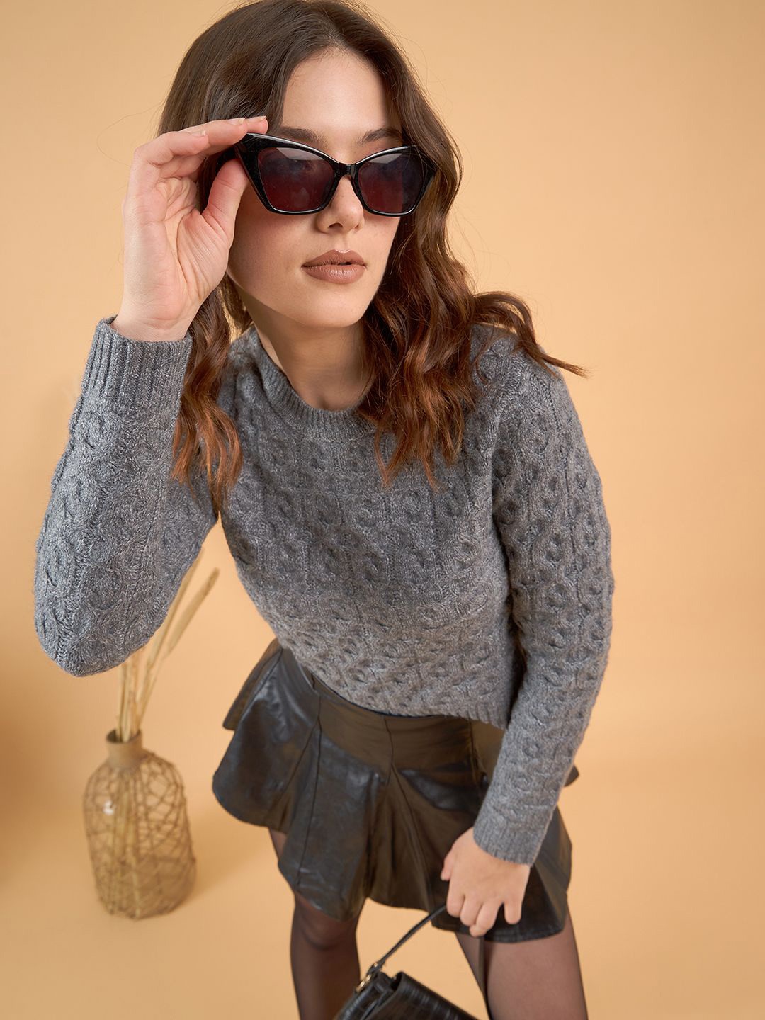 

STYLE BLUSH Women Self Design Cable Knit Pullover, Grey