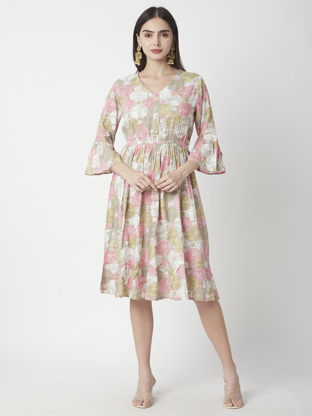 

R&B Women Floral Print Bell Sleeve Fit and Flare Dress, Beige