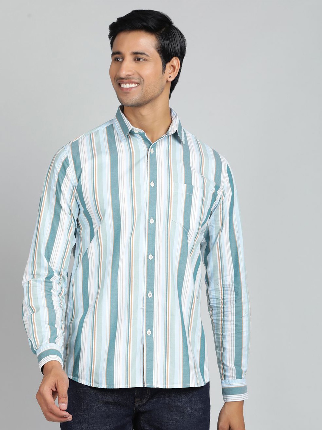 

JADE BLUE Men Slim Fit Opaque Striped Casual Shirt, Green