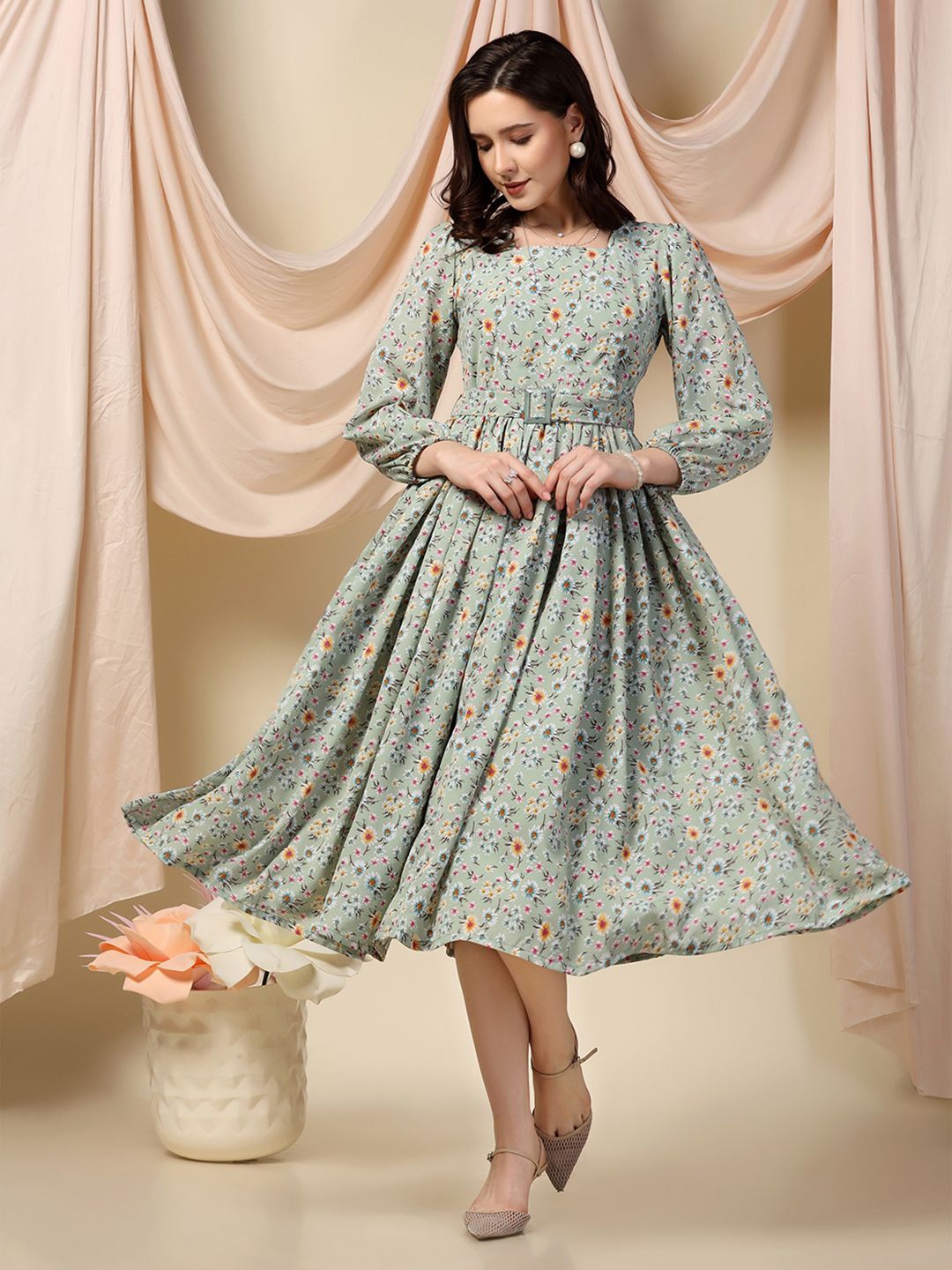 

FASHION DREAM Floral Print Puff Sleeve Fit & Flare Midi Dress, Green