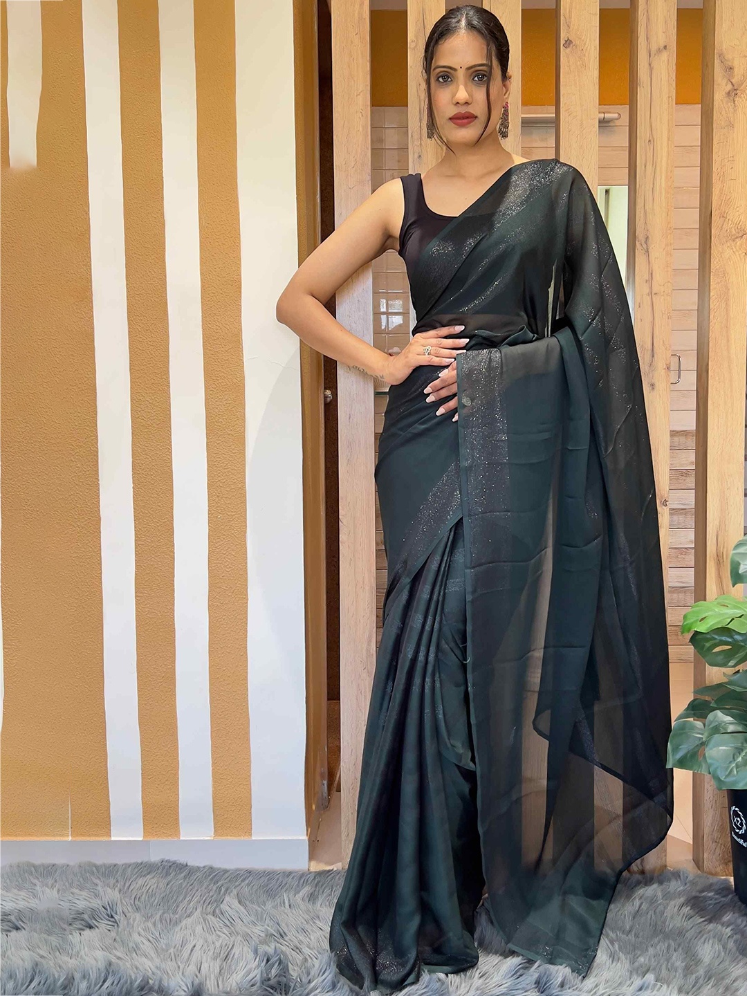 

HERE&NOW Poly Georgette Ready to Wear Saree, Black