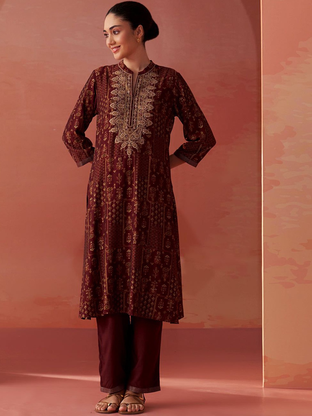 

Lakshita Printed Tunic With Trousers Co-Ords, Burgundy