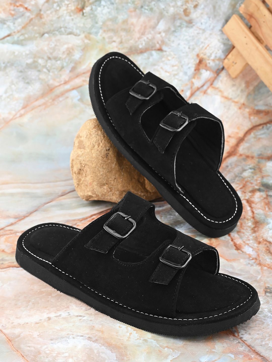 

Apratim Men Open Toe Flats with Buckles, Black