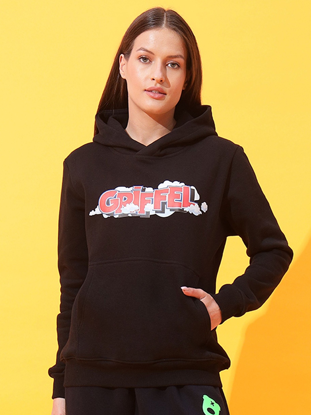 

GRIFFEL Women Printed Hooded Sweatshirt, Black